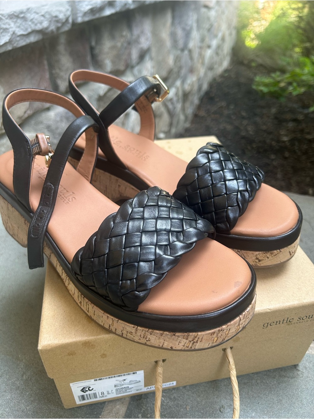 NIB Gentle Souls Women Dorris Ankle Strap Cork Sandals Size US 8M Black Leather